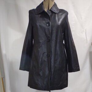 COLEBROOK BLACK ALL LEATHER TRENCHCOAT SNAPS FAUX BUTTON LINED FAUX BELT SIZE XL